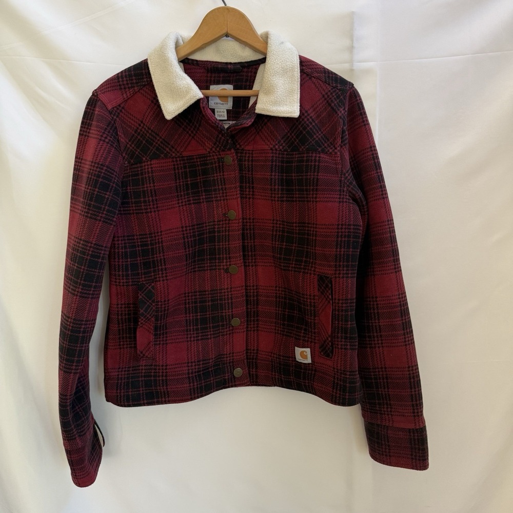 Carhartt Cedar Jacket Sherpa Lined Red Plaid Fleece Women's Small 4/6 Button Up